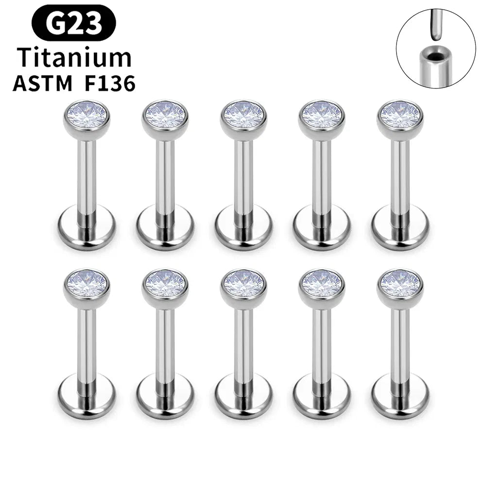 Metal color: Rhodium Plated, Ships From: CHINA, Main Stone Color: VIOLET - 10PCS ASTM F136 G23 Titanium Piercing Labret Lip Ring Stud Earring CZ Ear Tragus Cartilage Helix Daith Pierc Jewelry 16/18/20g