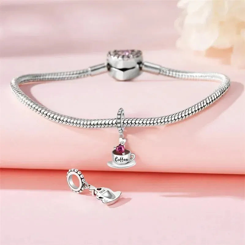 Color: Blue - Real 925 Sterling Silver Love Coffee Charm Bead Fits Original Pandora Bracelet Necklace Women Pendant Diy Fine Jewelry Hot