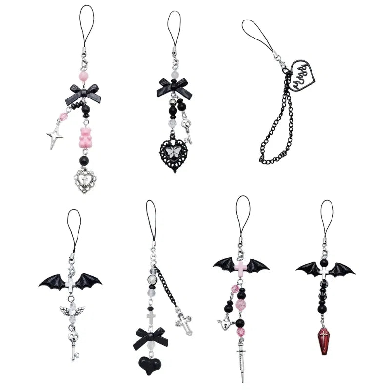 Color: black - Goth Y2K Phone Charm Pendant Kawaii-Key Chain For Bag Cute Accessory Women Guitar Strap Lanyard Beaded Keychain Pendant