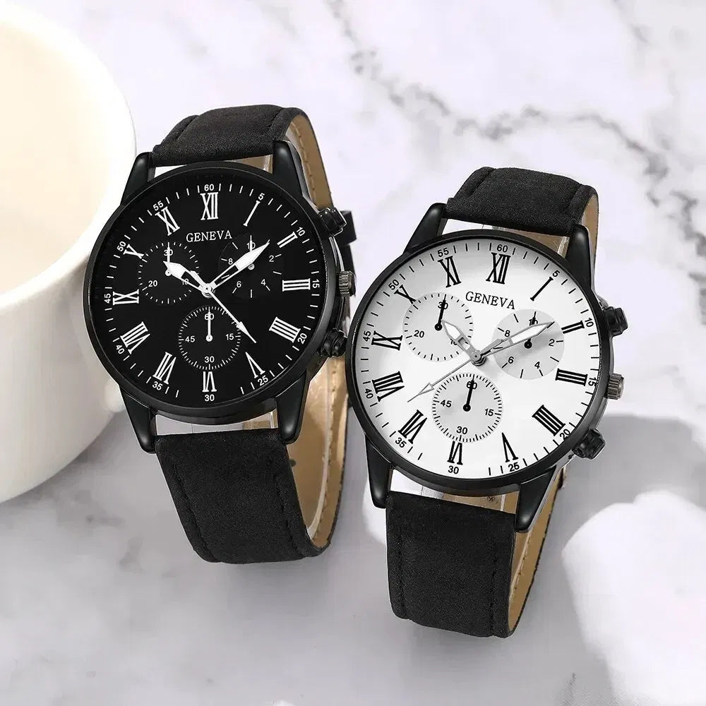 Color: Rose - 2PCS Set Couple Fashion Casual Leather Watches Ladies Simple Dial Quartz Wristwatches Dress Clock Montre Femme