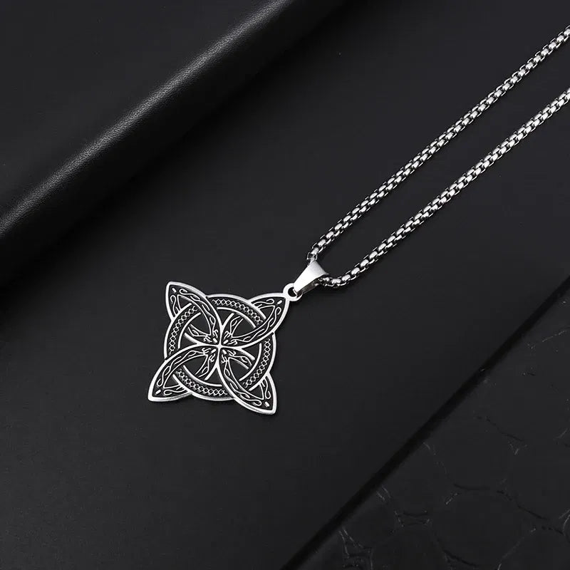 Metal Color: Dark Gold - Stainless Steel Silver Color Pattern Witch Knot Pendant Necklace Celtic Knot Lucky Jewelry Gift for Friends Family