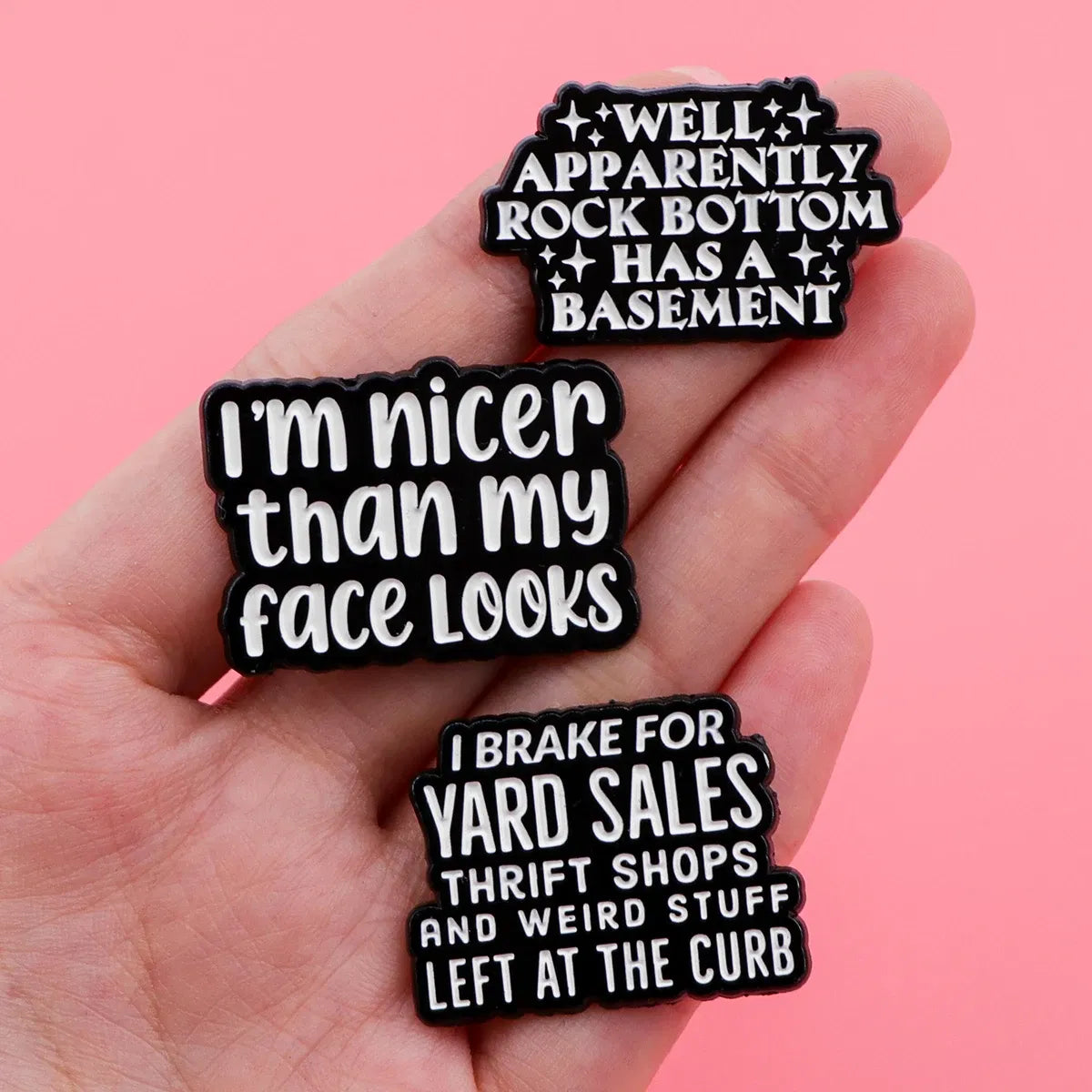 Metal color: SILVER PLATED - Funny Quotes Enamel Pin Black Brooch Pines Lapel Pins Letters Badge on Backpack Clothing Accessories Fashion Jewelry Gifts