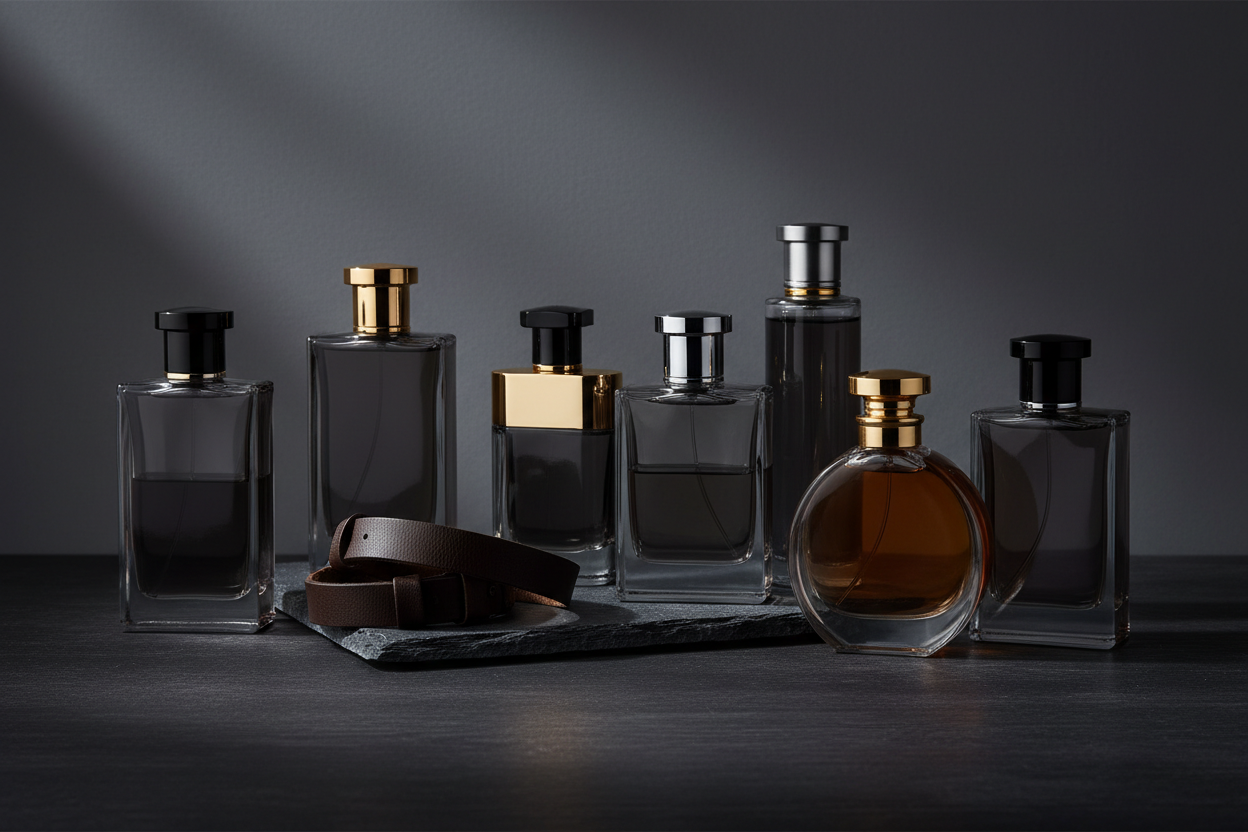Collection of perfume bottles on a dark surface with a dark background