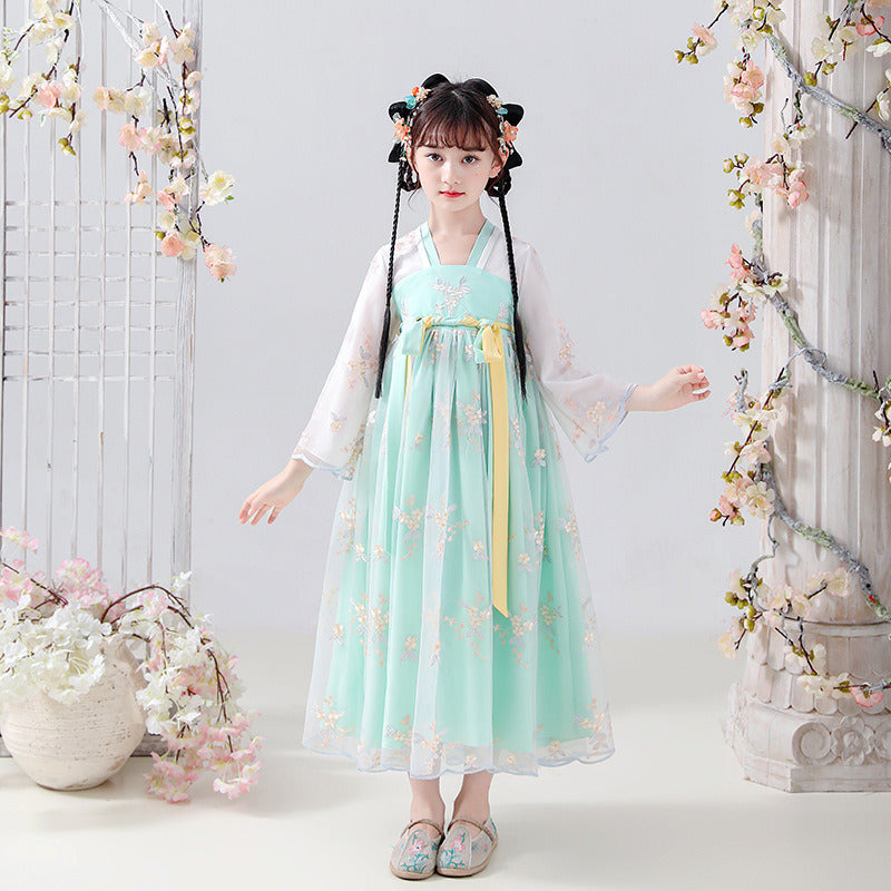 Girls Elegant Vintage Hanfu Dress;  Traditional Thin Flower Embroidered Chinese Style Princess Dress For Party Performance