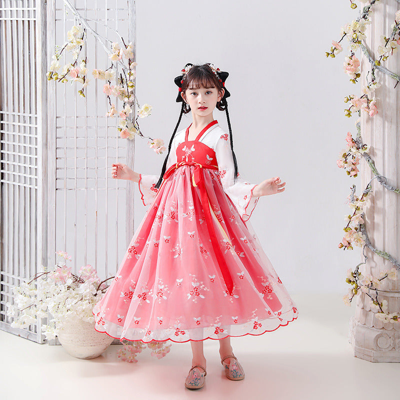 Girls Elegant Vintage Hanfu Dress;  Traditional Thin Flower Embroidered Chinese Style Princess Dress For Party Performance