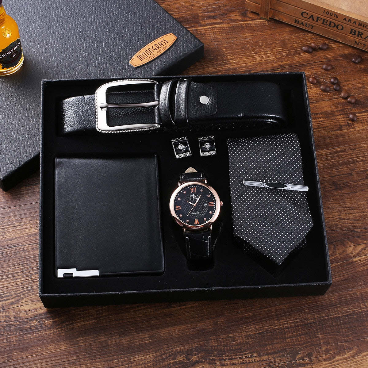 New 5Pcs/Set Luxury Watch for Men Fashion Gift Box Mens Watches Set Male Belt Wallet Cufflinks Tie Wristwatch Set Christmas Gift