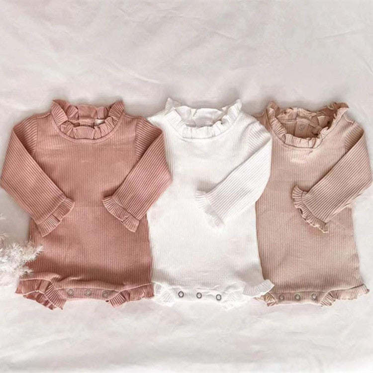 Baby Girl Wood Ear Design Solid Color Long-Sleeved Round Collar Tops Combo Shorts Cotton Sets