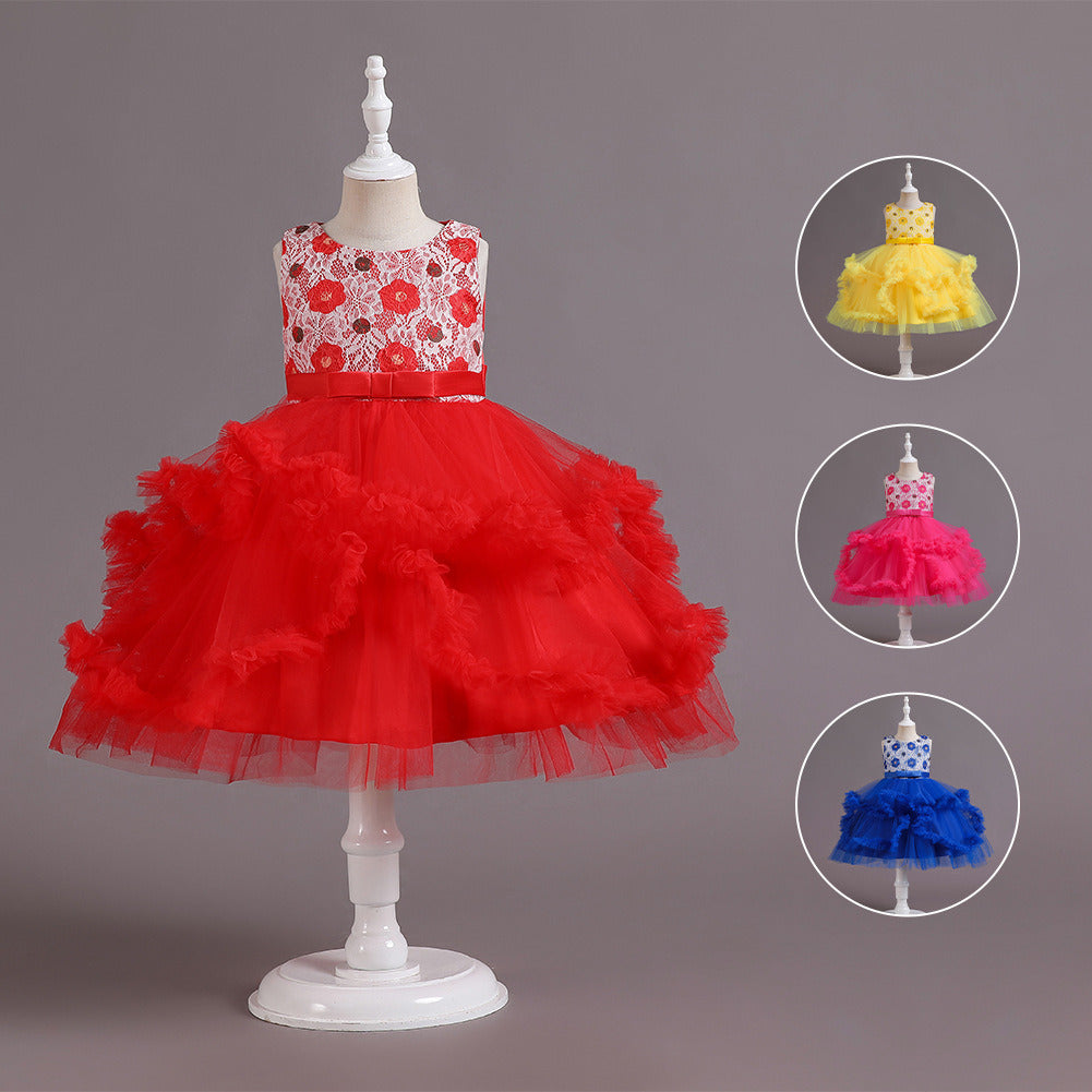 Children Short Tiered Bubble Skirt Evening Dress Girls Lace Tulle Ball Gown Rhinestone Mid-waist Zipper Kids Tutu Dress Performance