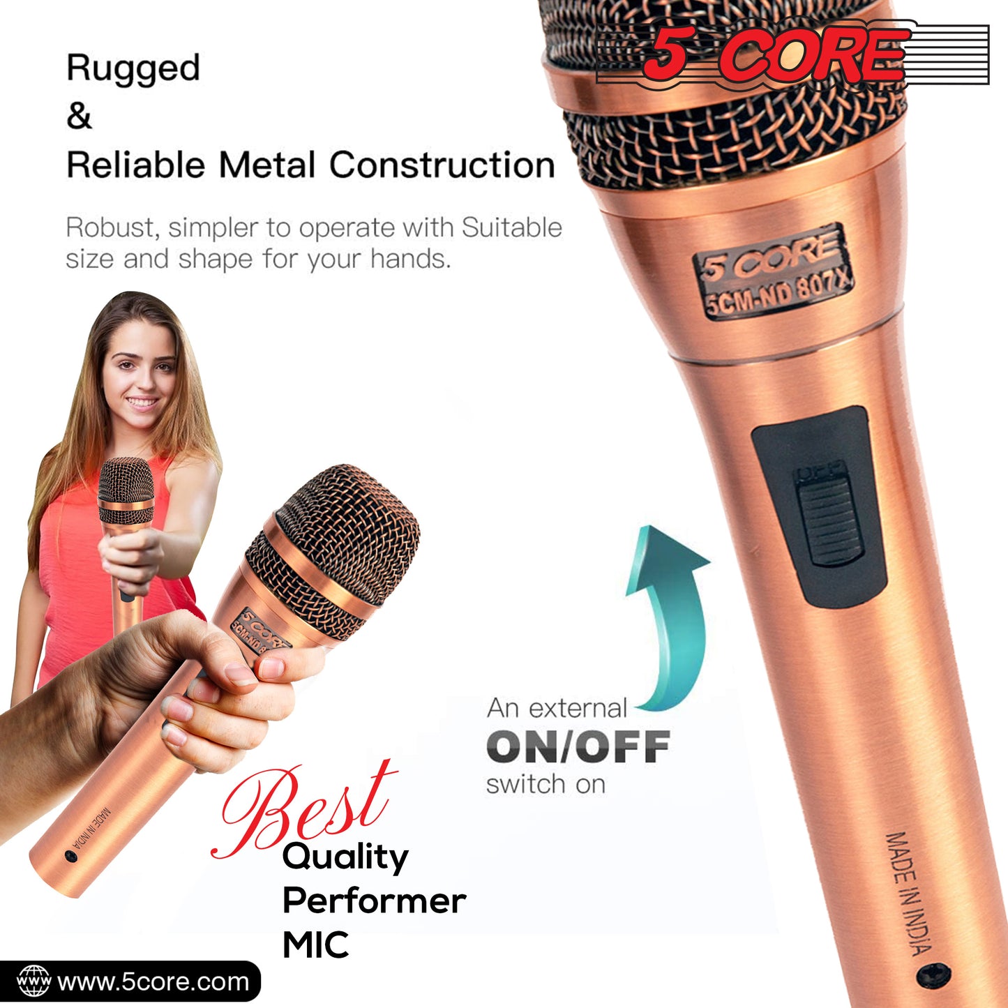 Professional Dynamic Vocal Microphone Neodymium Cardioid Unidirectional Handheld Mic for Speakers Karaoke W/Steel Mesh Grille Metal ON/Off Switch 16ft Detachable Cable+Clip+Carry Case-ND-807 CoppereX