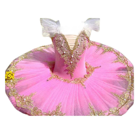 Pink Girls Ballet Dance Dress Kids Swan Costume Dress Embroidery Golden Sequin Ballet Tutu Gauze Skirt