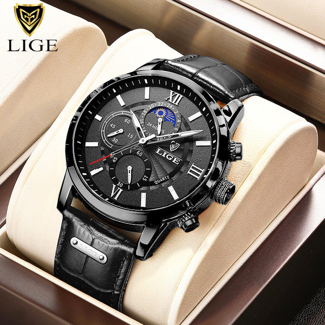 2022 New Mens Watches LIGE Top Brand Luxury Leather Casual Quartz Watch Men's Sport Waterproof Clock Watch Relogio Masculino+Box