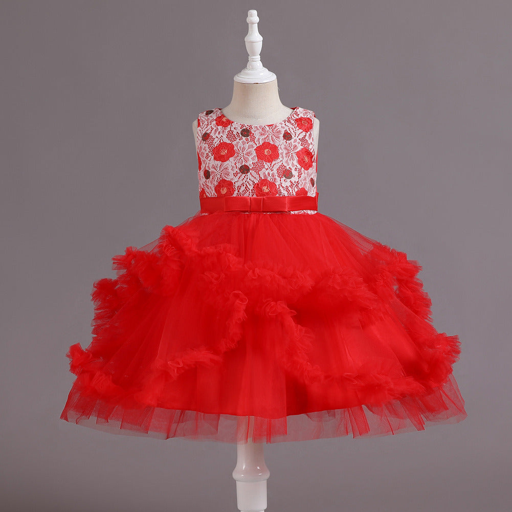 Children Short Tiered Bubble Skirt Evening Dress Girls Lace Tulle Ball Gown Rhinestone Mid-waist Zipper Kids Tutu Dress Performance