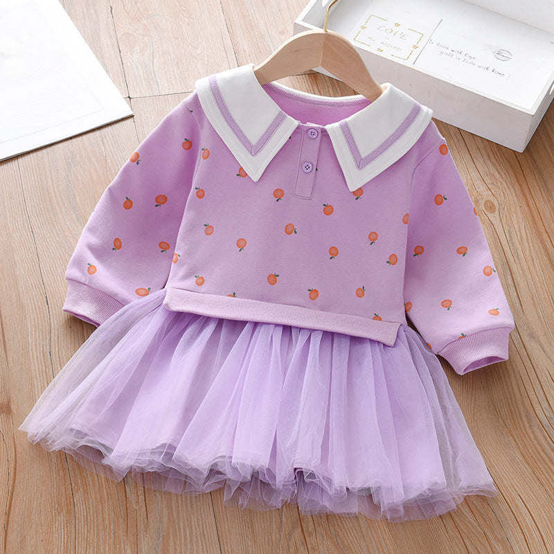 Baby Girl Fruit Pattern College Style Lapel Design Mesh Patchwork Dress