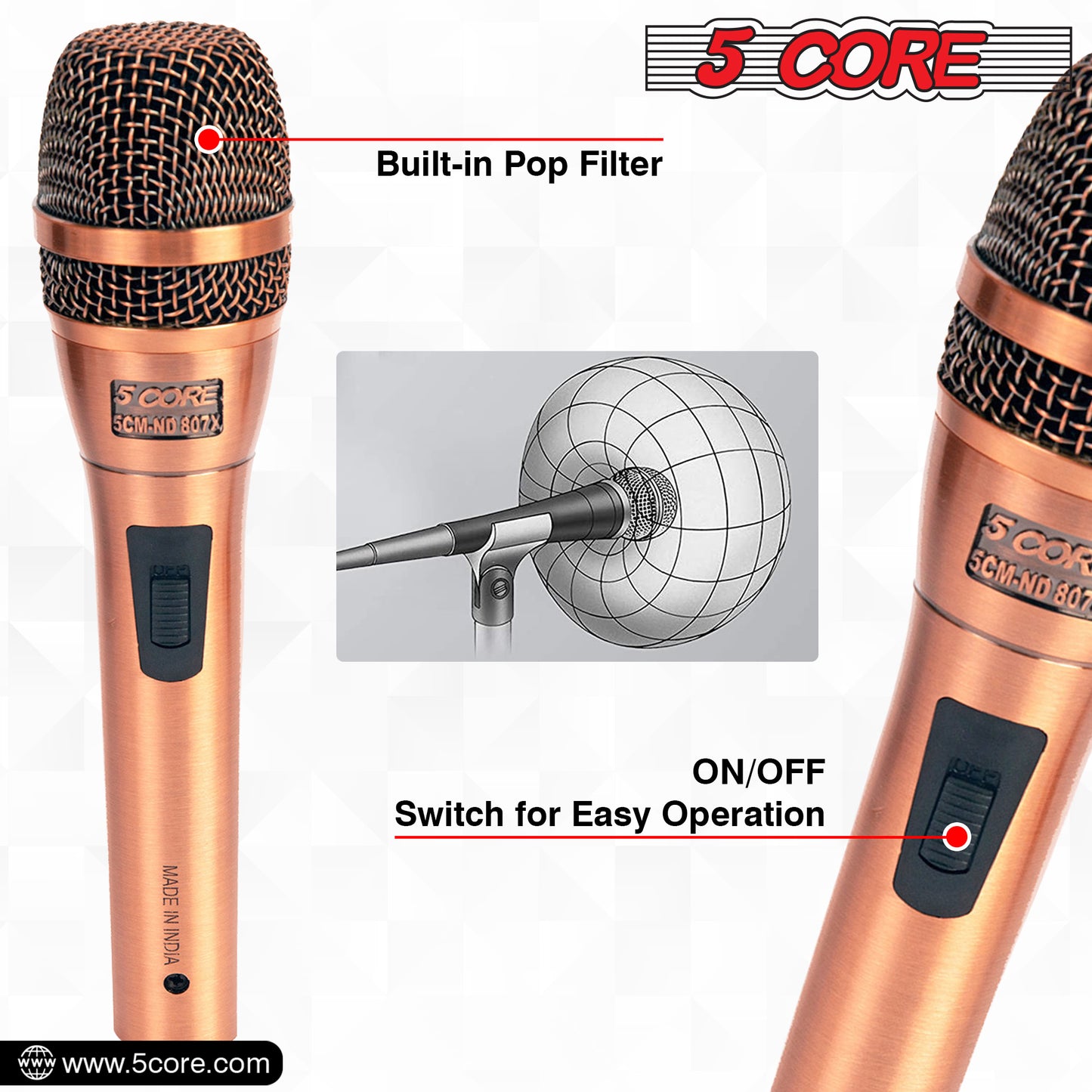 Professional Dynamic Vocal Microphone Neodymium Cardioid Unidirectional Handheld Mic for Speakers Karaoke W/Steel Mesh Grille Metal ON/Off Switch 16ft Detachable Cable+Clip+Carry Case-ND-807 CoppereX