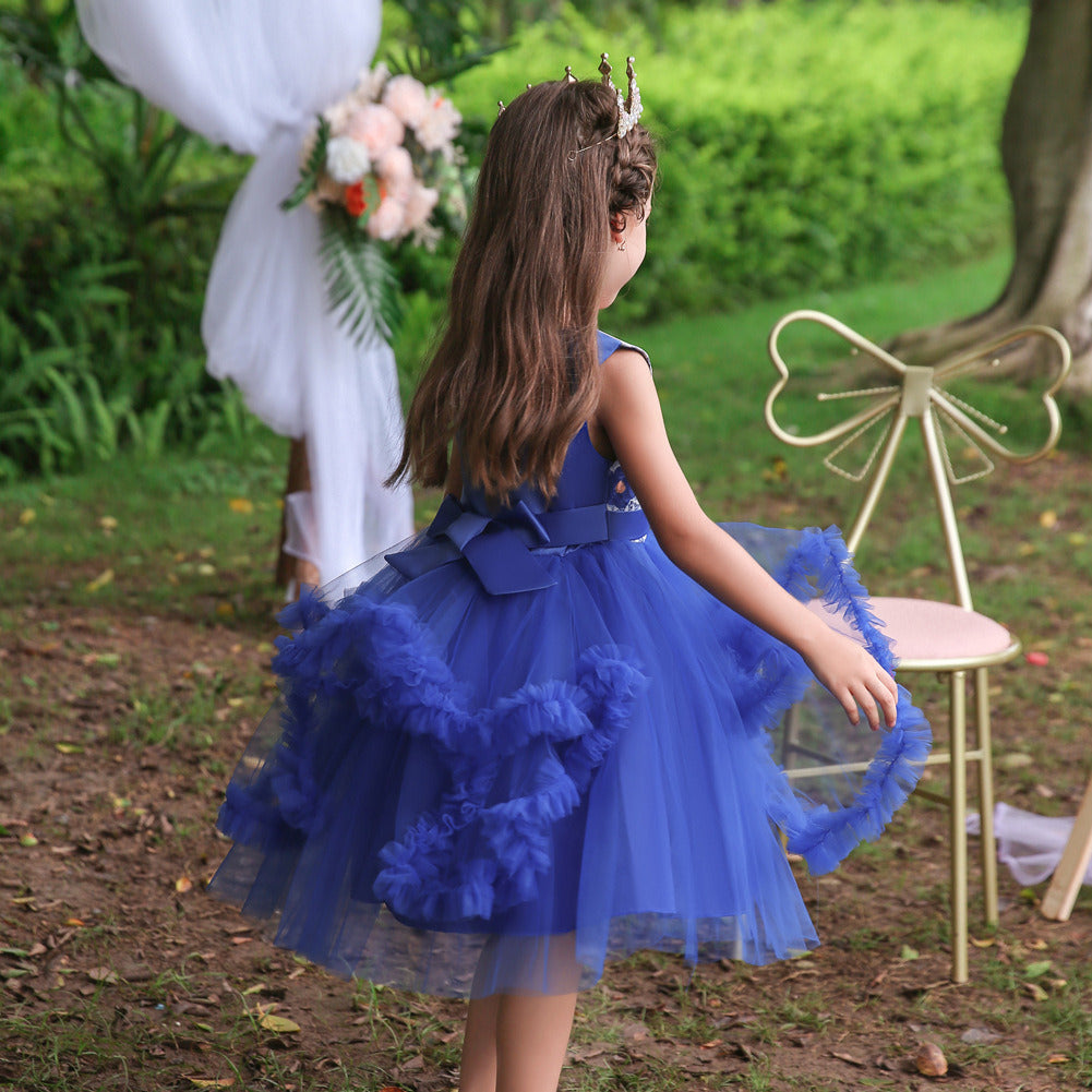 Children Short Tiered Bubble Skirt Evening Dress Girls Lace Tulle Ball Gown Rhinestone Mid-waist Zipper Kids Tutu Dress Performance