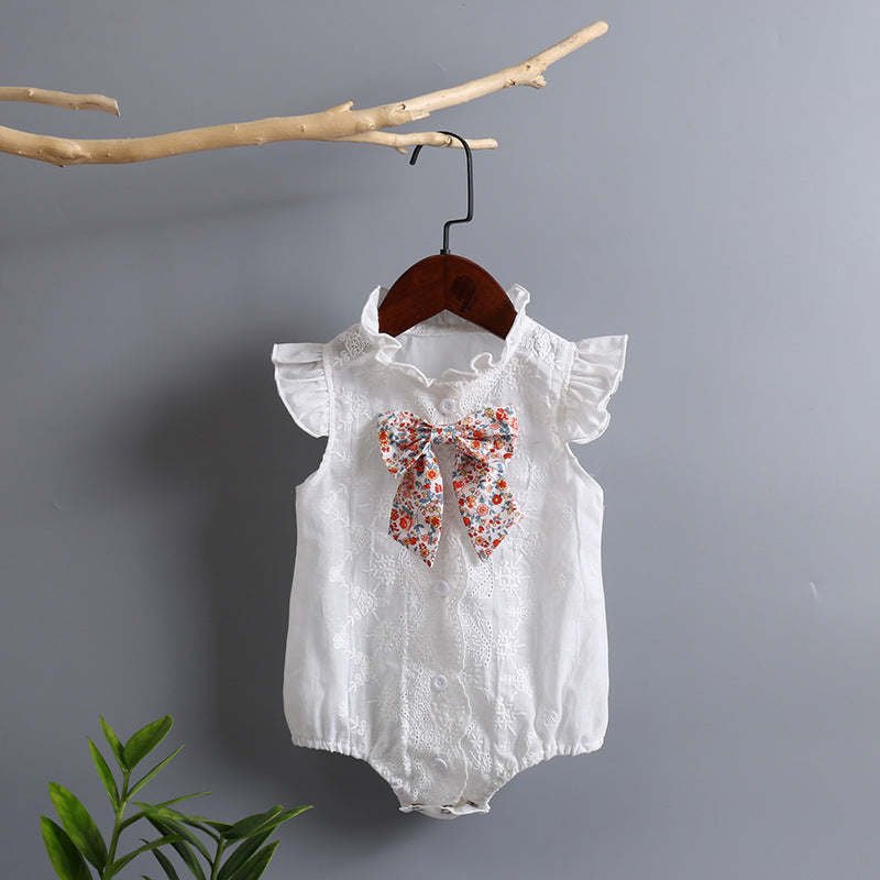 Baby Girl Embroidery Pattern Round Neck Mullet Design Sleeveless Cardigan Onesies With Bow Decorations