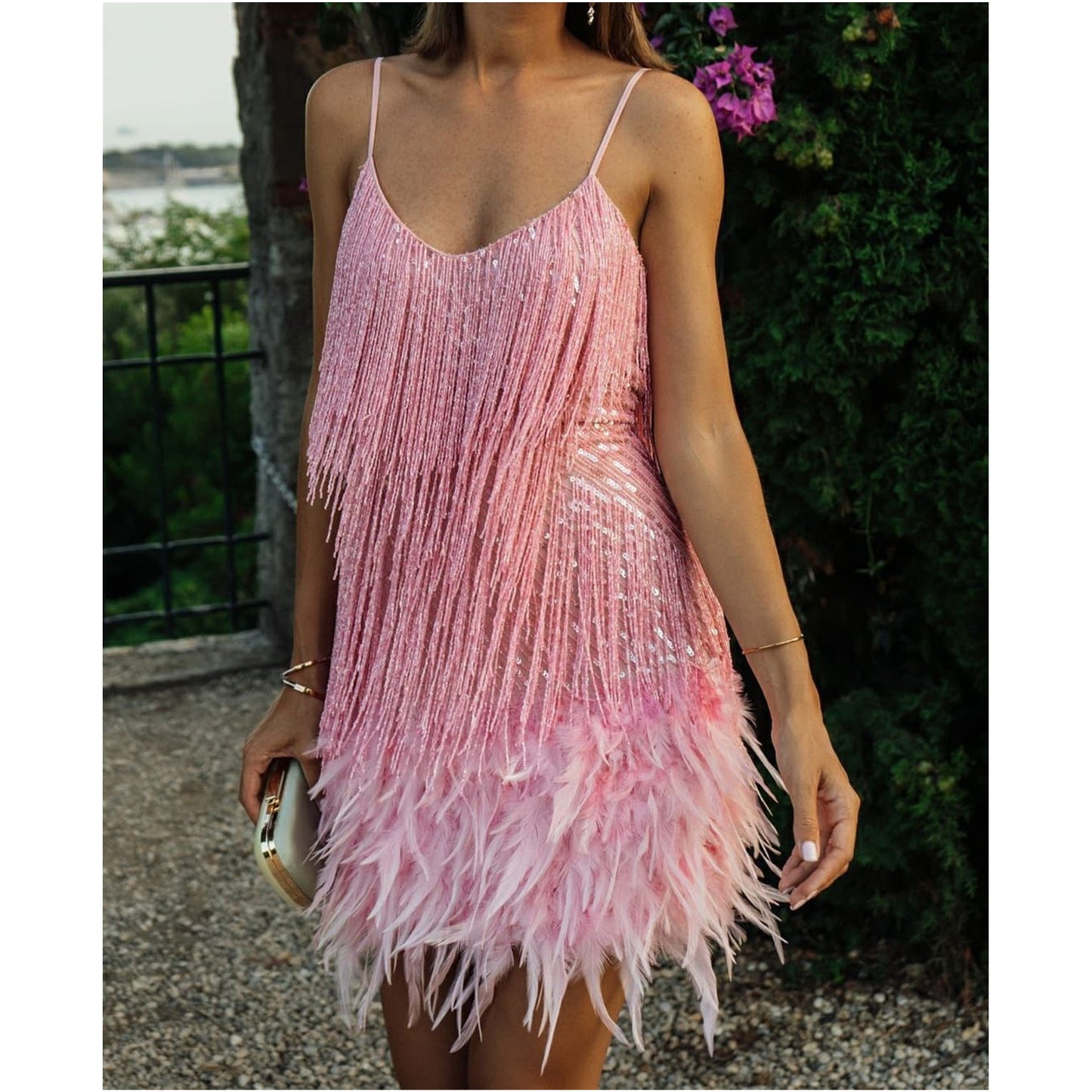 Summer Women Girl Mini Sling Evening Dress Fringed Dress Elegant Sexy Slim Fit Fashion Tassel Sequin Feather Stitching Short Skirt Back Zipper