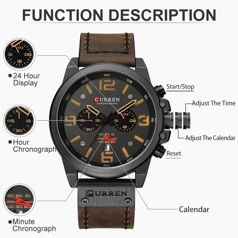 CURREN Mens Watches Top Luxury Brand Waterproof Sport Wrist Watch Chronograph Quartz Military Genuine Leather Wrist Watch