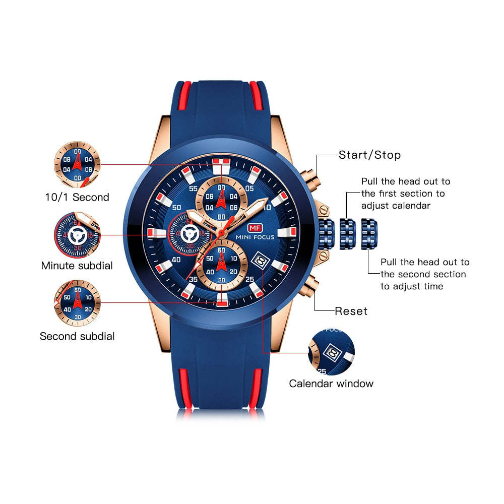 MINI FOCUS Chronograph Mens Watches Brand Luxury Casual Sport Date Quartz Silicone Wristwatches Waterproof Men's Wrist watch Man