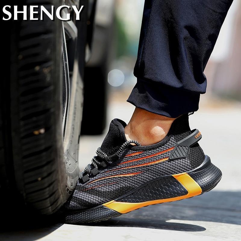 Male Safety Shoes Anti Smashing Anti Puncture Mens Work Shoes Big Size Mesh Breathable Striped Fashion Soft Male Vulcanized Shoe