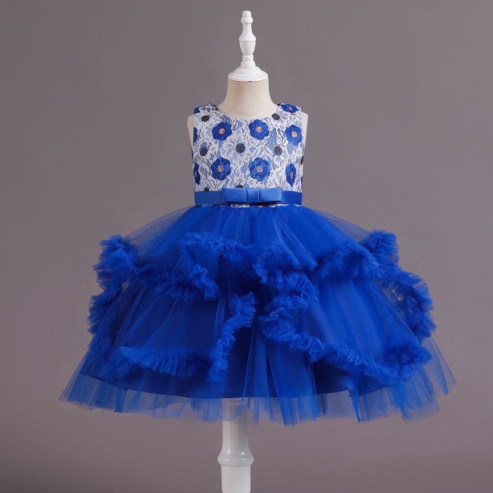 Children Short Tiered Bubble Skirt Evening Dress Girls Lace Tulle Ball Gown Rhinestone Mid-waist Zipper Kids Tutu Dress Performance