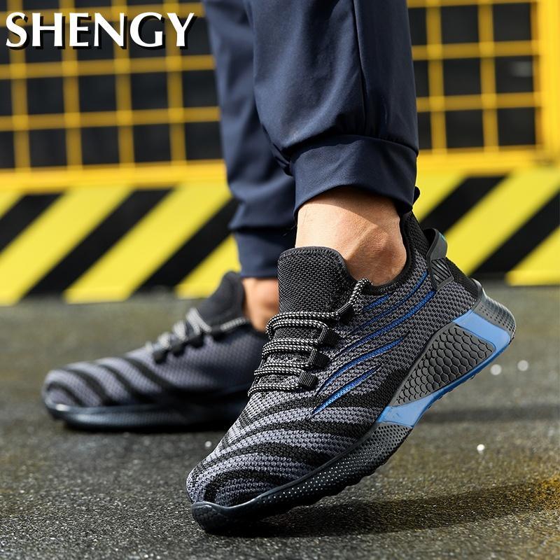 Male Safety Shoes Anti Smashing Anti Puncture Mens Work Shoes Big Size Mesh Breathable Striped Fashion Soft Male Vulcanized Shoe