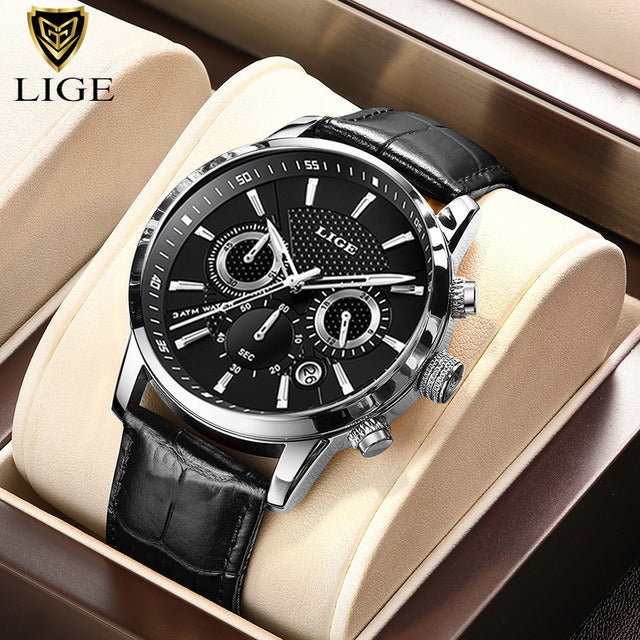 2022 New Mens Watches LIGE Top Brand Luxury Leather Casual Quartz Watch Men's Sport Waterproof Clock Watch Relogio Masculino+Box