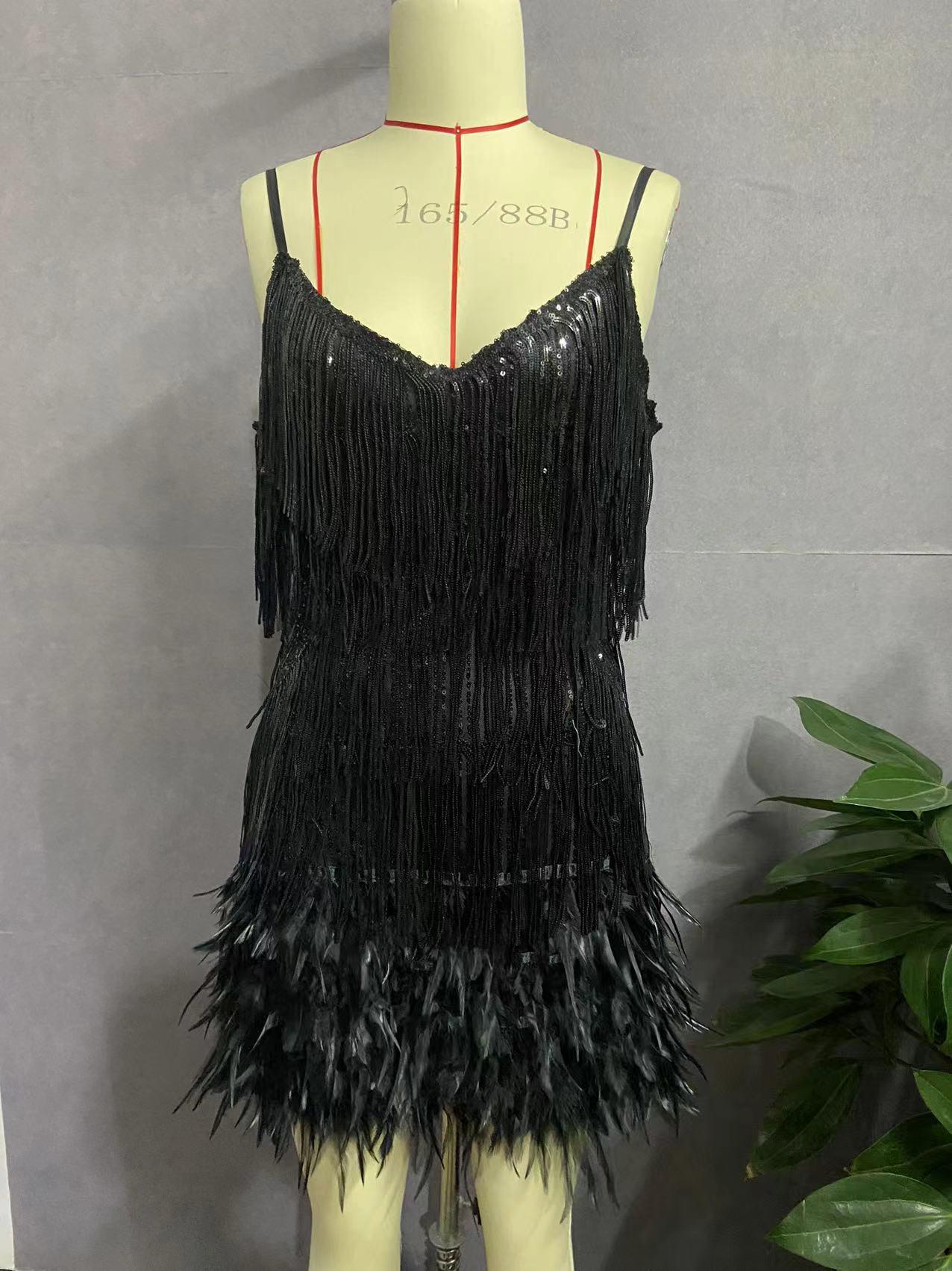 Summer Women Girl Mini Sling Evening Dress Fringed Dress Elegant Sexy Slim Fit Fashion Tassel Sequin Feather Stitching Short Skirt Back Zipper