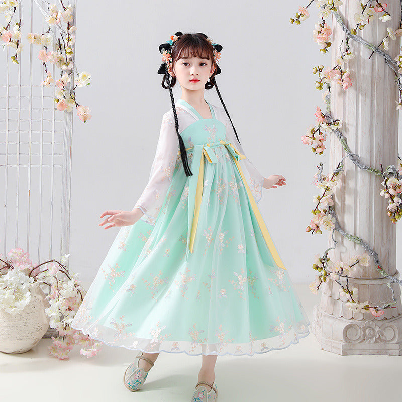 Girls Elegant Vintage Hanfu Dress;  Traditional Thin Flower Embroidered Chinese Style Princess Dress For Party Performance