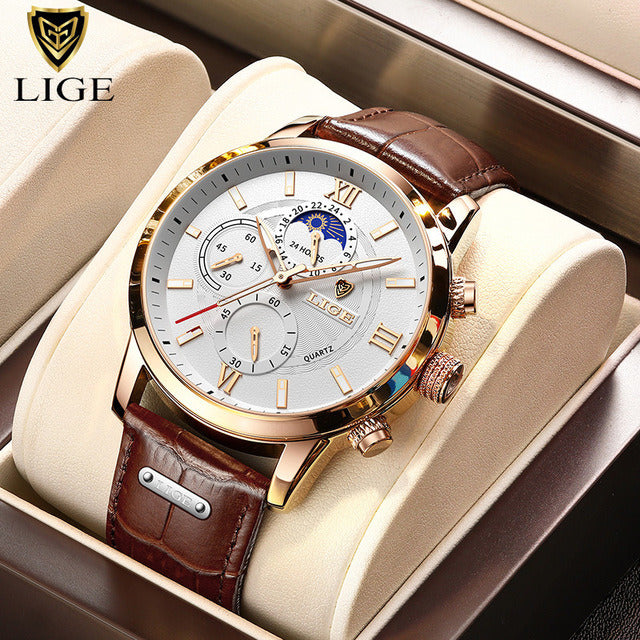 2022 New Mens Watches LIGE Top Brand Luxury Leather Casual Quartz Watch Men's Sport Waterproof Clock Watch Relogio Masculino+Box