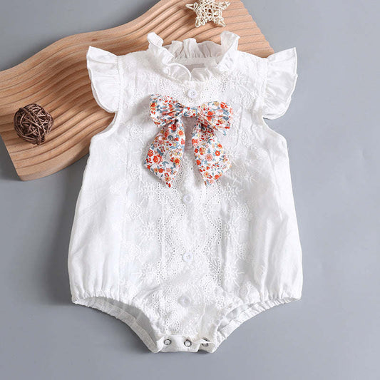 Baby Girl Embroidery Pattern Round Neck Mullet Design Sleeveless Cardigan Onesies With Bow Decorations