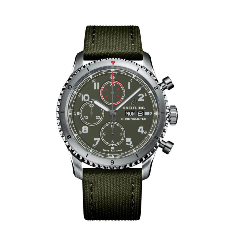 Breitling Aviator 8 Chronograph 43 Curtiss Warhawk Stainless Steel With Green Fabric Automatic Mens Watch A133161A1