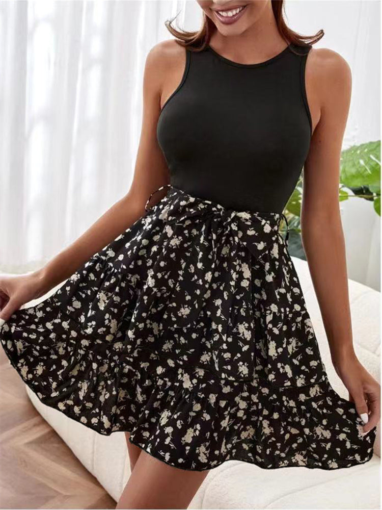 Summer Stitching Mini Dress Women Girl New Crew Neck Floral Sleeveless Belt Office Casual Beach Skirt Swing Flowy Hem Light Soft