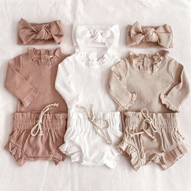 Baby Girl Wood Ear Design Solid Color Long-Sleeved Round Collar Tops Combo Shorts Cotton Sets