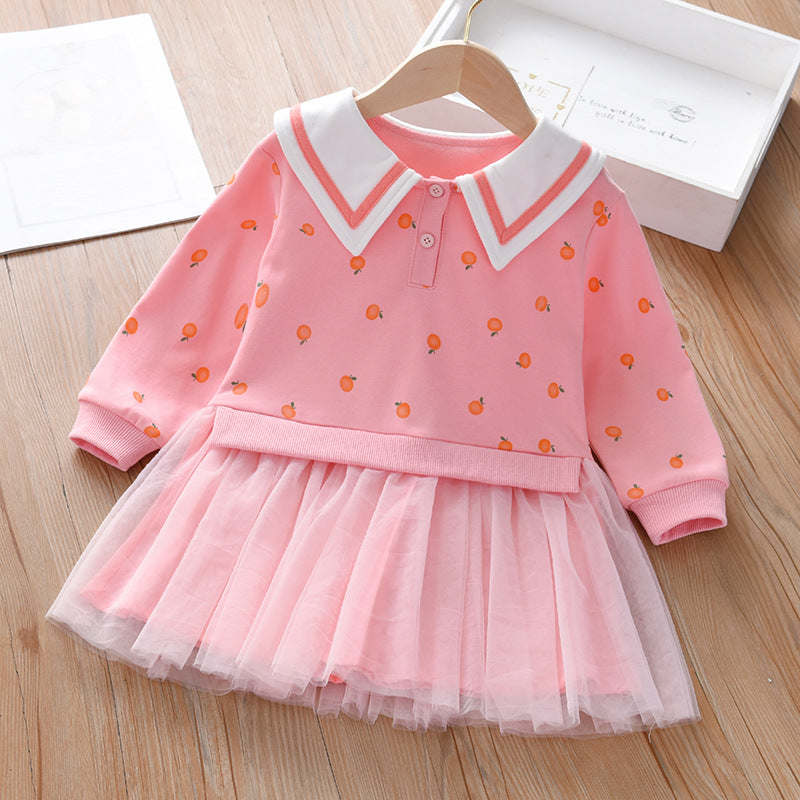 Baby Girl Fruit Pattern College Style Lapel Design Mesh Patchwork Dress