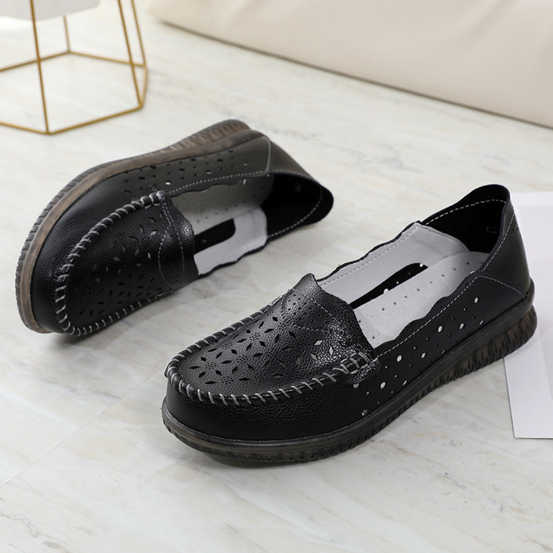 Summer Hollow Women's Casual Shoes Ladies Leather Lofers Breathable Females Flats Shoes Slip-on Soft Moccasins Zapatillas Mujer