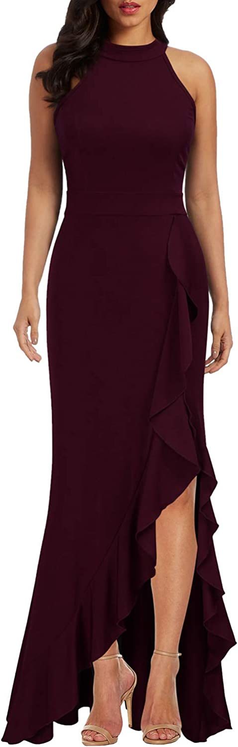 Women's High Neck Split Bodycon Mermaid Evening Cocktail Long Dress