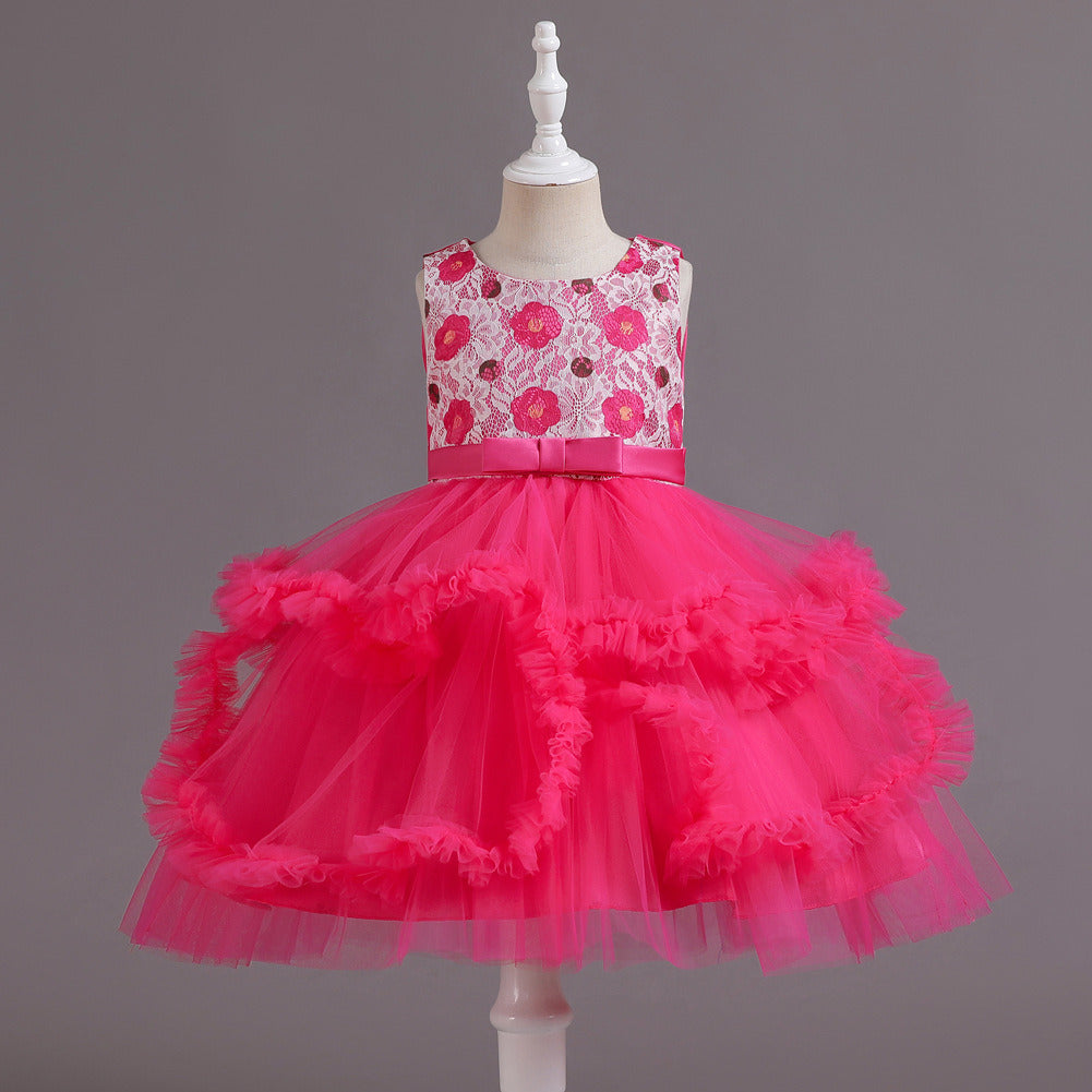 Children Short Tiered Bubble Skirt Evening Dress Girls Lace Tulle Ball Gown Rhinestone Mid-waist Zipper Kids Tutu Dress Performance