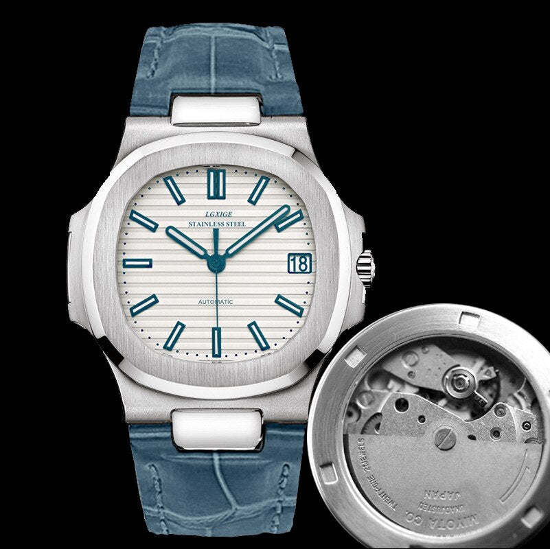 Automatic Self Wind Mechanical Luminous 316L Stainless Steel Blue Dial Date Mens Wrist Watches