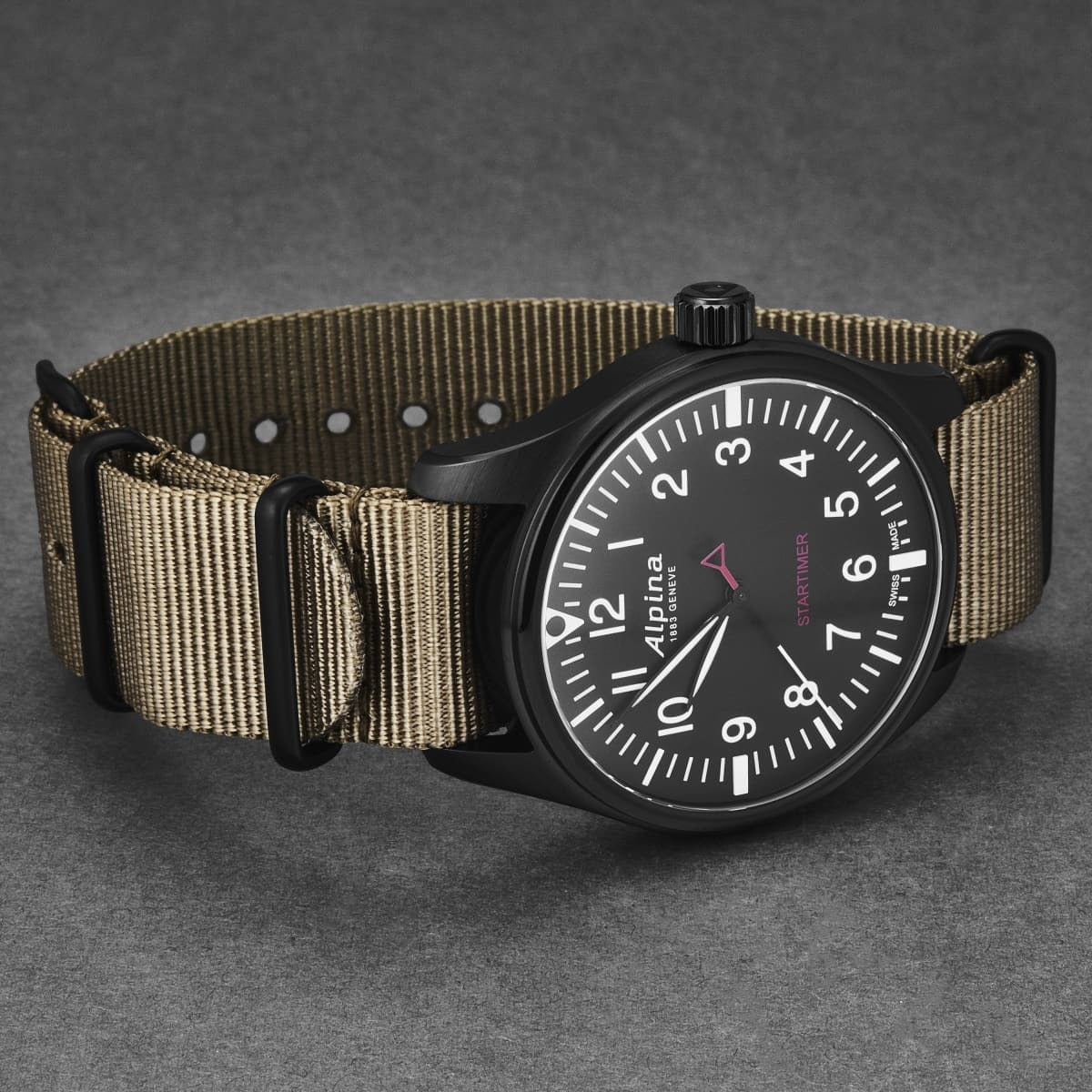 Alpina Mens 'Startimer Pilot' Black Dial Brown Canvas Strap Quartz Watch AL-235B4FBS6