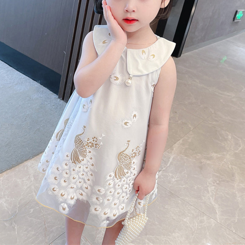 Sleeveless Soft Cozy Dress Tulle Summer Peacock Embroidery Beads Baby Little Girls Middle Child Princess Skirt Zipper Pink White