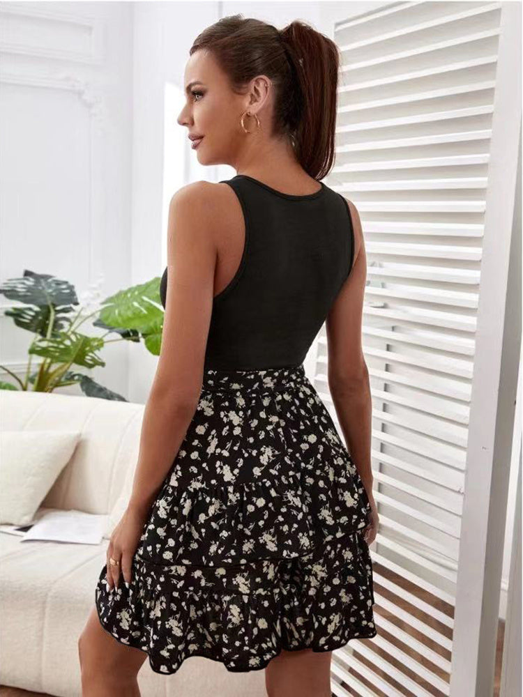 Summer Stitching Mini Dress Women Girl New Crew Neck Floral Sleeveless Belt Office Casual Beach Skirt Swing Flowy Hem Light Soft