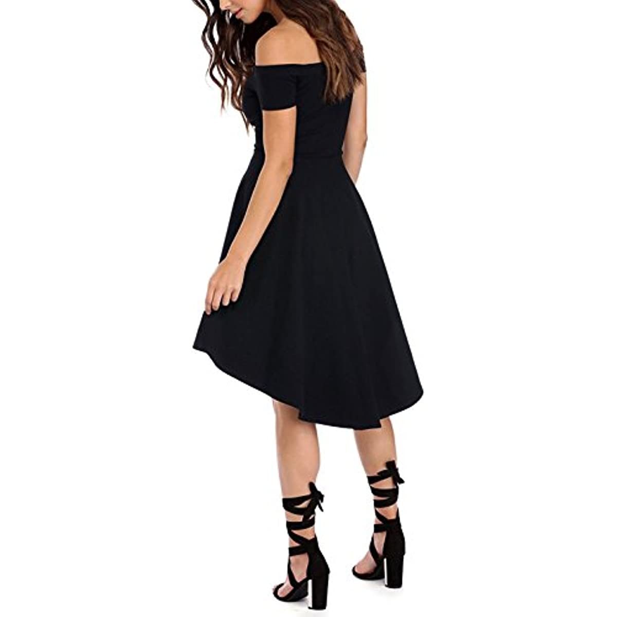 Womens Off The Shoulder Short Sleeve High Low Cocktail Skater Dress