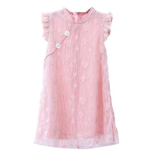 Pink Summer Girls' Dress Ruffle Sleeve Chinese Style Cheongsam Dress Lace Princess Dress