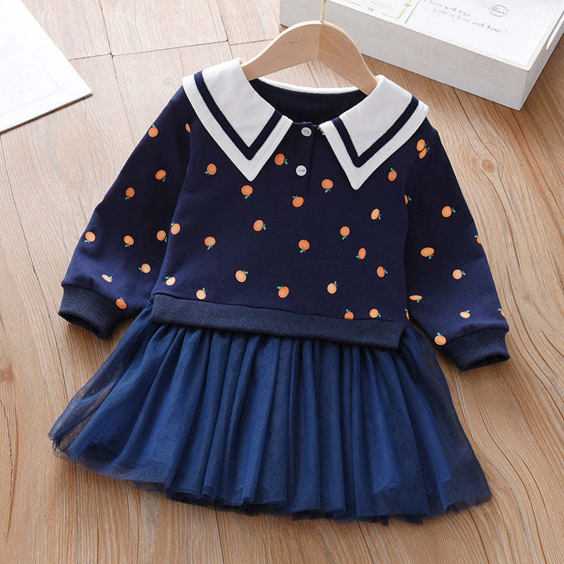 Baby Girl Fruit Pattern College Style Lapel Design Mesh Patchwork Dress