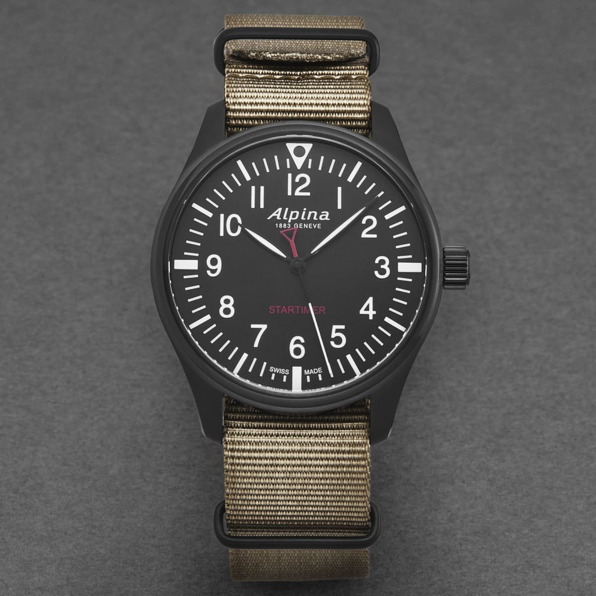 Alpina Mens 'Startimer Pilot' Black Dial Brown Canvas Strap Quartz Watch AL-235B4FBS6