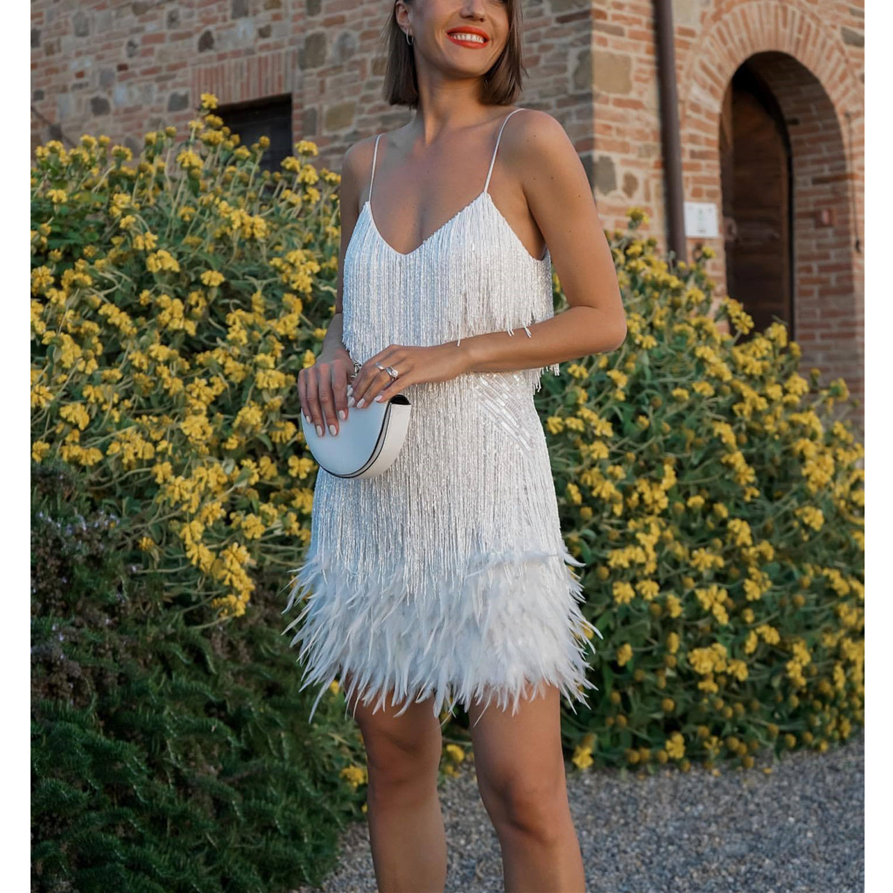 Summer Women Girl Mini Sling Evening Dress Fringed Dress Elegant Sexy Slim Fit Fashion Tassel Sequin Feather Stitching Short Skirt Back Zipper