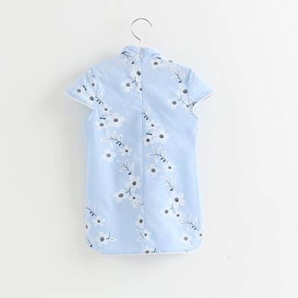 Blue Chinese Style Girls' Cheongsam Dress Summer Cotton Linen Flower Short Sleeve Vintage Dress