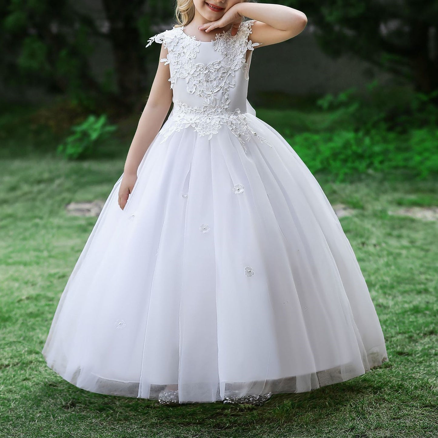 Children Long Bubble Skirt Evening Dress Girls Lace Flowers Bead Tulle Ball Gown Mid-waist Zipper Kids Tutu Dress Performance Wedding