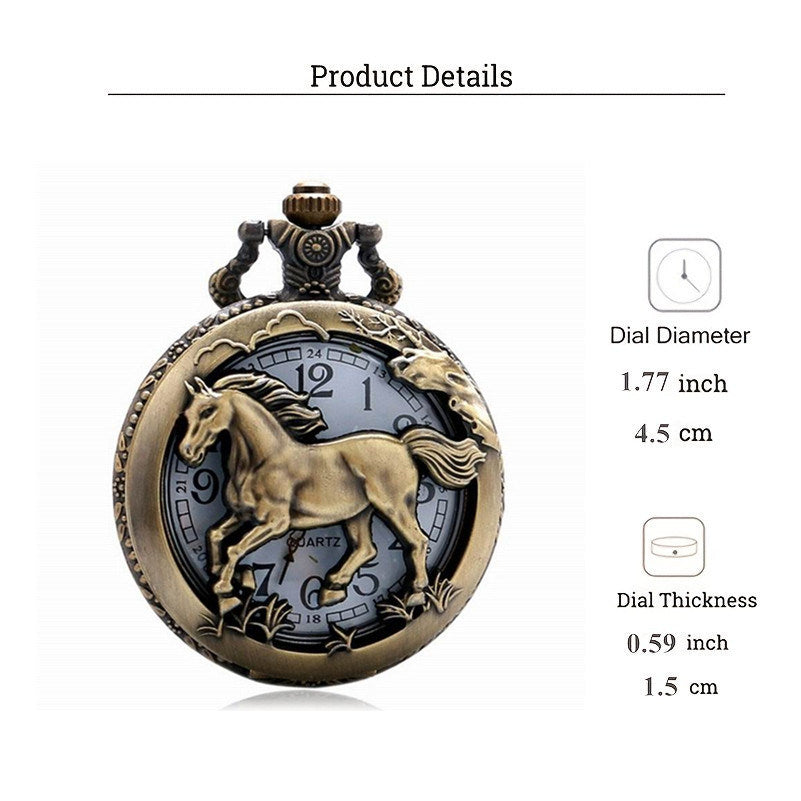 Vintage Animal Horse Pocket Watch Hollow Mens Elegant Pocketwatch With Chain Masculino Relogio Dad's Gift Clock Retro